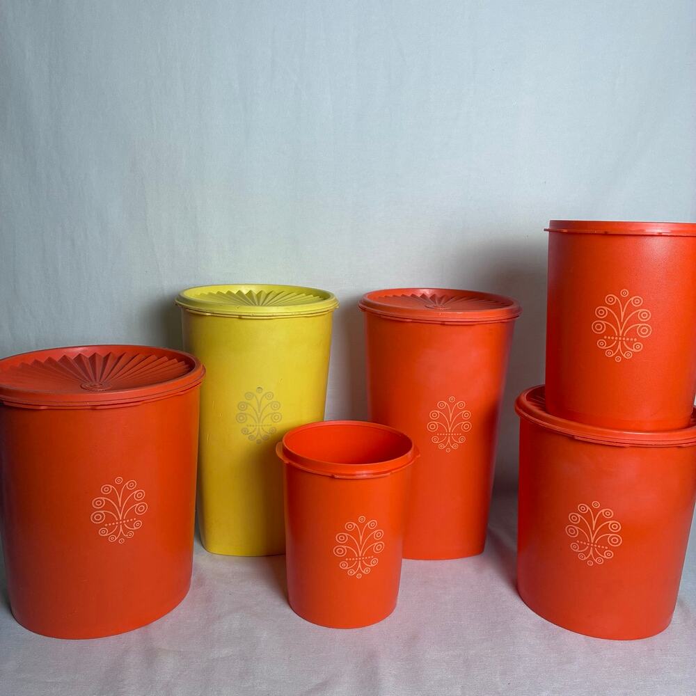 Vtg 1970s Tupperware Orange Harvest Gold Canister Set Flourish Lot of 6 w Lids